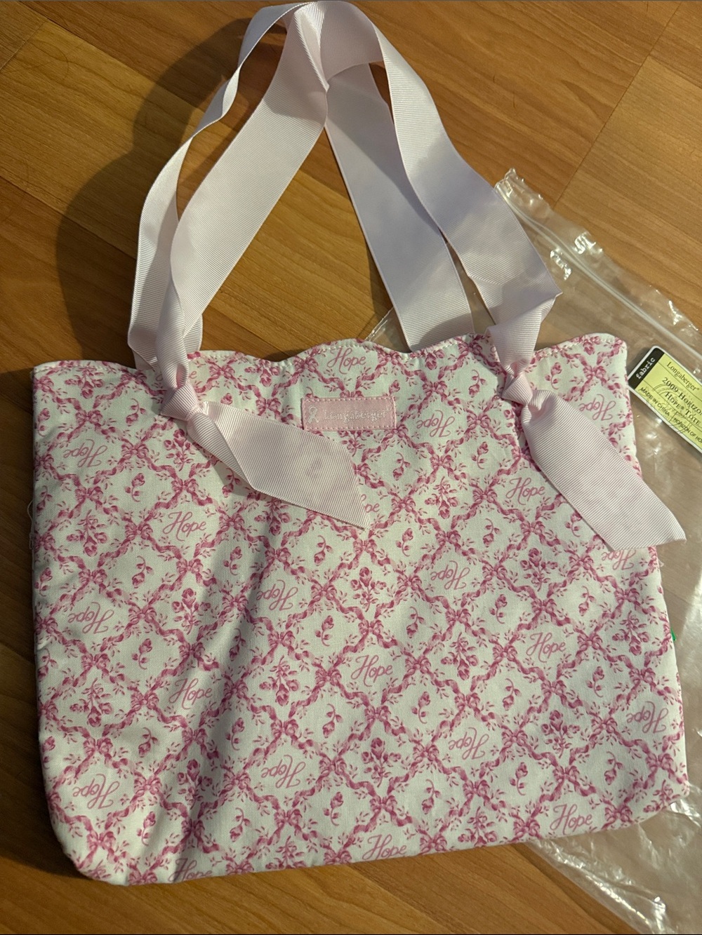 Longaberger Pink Patterned Ribbon-Handle Tote - Picture 4 of 7